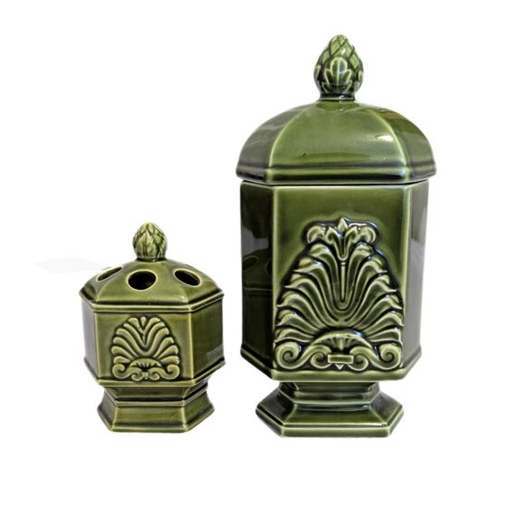 Vintage Green Japan Canister Counter Set of 2 Filigree Design Retro MCM - Picture 1 of 16